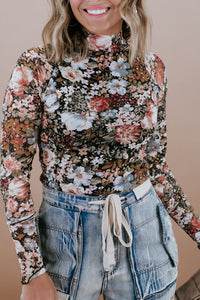 Monica Floral Mesh Top Brown