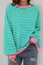 Load image into Gallery viewer, Sky Blue Stripe Oversized Contrast Trim Pullover Sweatshirt
