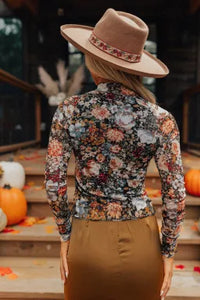 Monica Floral Mesh Top Brown